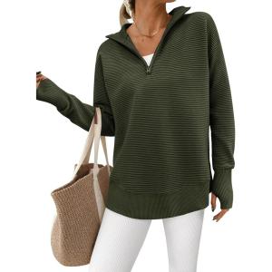 imagePRETTYGARDEN Womens Long Sleeve Quarter Zip Pullover Sweater Casual Loose V Neck Collared Ribbed Knit Jumper Tops Thumb HoleArmy Green
