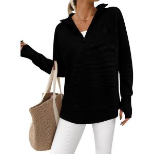 imagePRETTYGARDEN Womens Long Sleeve Quarter Zip Pullover Sweater Casual Loose V Neck Collared Ribbed Knit Jumper Tops Thumb HoleBlack