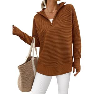 imagePRETTYGARDEN Womens Long Sleeve Quarter Zip Pullover Sweater Casual Loose V Neck Collared Ribbed Knit Jumper Tops Thumb HoleCaramel