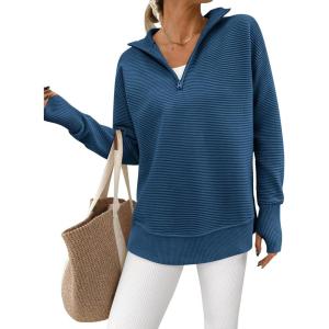 imagePRETTYGARDEN Womens Long Sleeve Quarter Zip Pullover Sweater Casual Loose V Neck Collared Ribbed Knit Jumper Tops Thumb HoleDark Blue