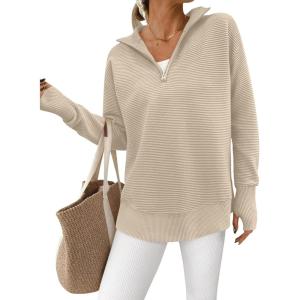 imagePRETTYGARDEN Womens Long Sleeve Quarter Zip Pullover Sweater Casual Loose V Neck Collared Ribbed Knit Jumper Tops Thumb HoleLight Khaki