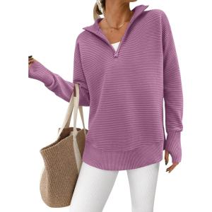 imagePRETTYGARDEN Womens Long Sleeve Quarter Zip Pullover Sweater Casual Loose V Neck Collared Ribbed Knit Jumper Tops Thumb HoleLight Purple