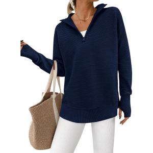 imagePRETTYGARDEN Womens Long Sleeve Quarter Zip Pullover Sweater Casual Loose V Neck Collared Ribbed Knit Jumper Tops Thumb HoleNavy