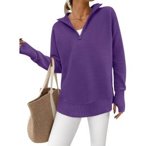 imagePRETTYGARDEN Womens Long Sleeve Quarter Zip Pullover Sweater Casual Loose V Neck Collared Ribbed Knit Jumper Tops Thumb HolePurple