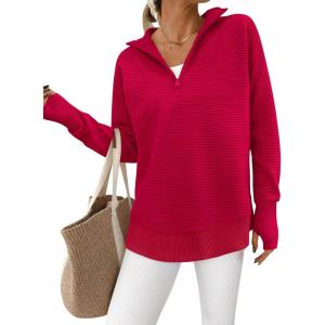 imagePRETTYGARDEN Womens Long Sleeve Quarter Zip Pullover Sweater Casual Loose V Neck Collared Ribbed Knit Jumper Tops Thumb HoleRed
