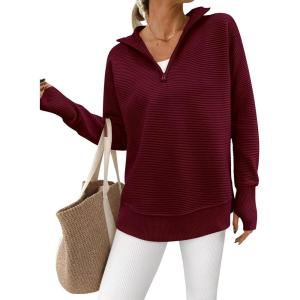 imagePRETTYGARDEN Womens Long Sleeve Quarter Zip Pullover Sweater Casual Loose V Neck Collared Ribbed Knit Jumper Tops Thumb HoleWine Red