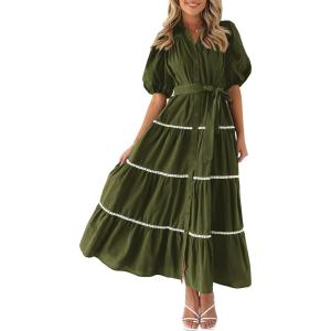 imagePRETTYGARDEN Womens Summer Button Down Shirt Dress Short Puffy Sleeve Tiered Ruffle Flowy Long Maxi DressesArmy Green