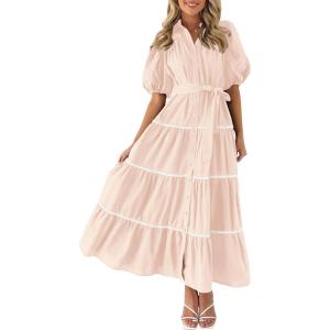 imagePRETTYGARDEN Womens Summer Button Down Shirt Dress Short Puffy Sleeve Tiered Ruffle Flowy Long Maxi DressesBeige