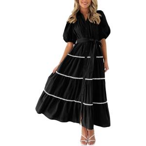imagePRETTYGARDEN Womens Summer Button Down Shirt Dress Short Puffy Sleeve Tiered Ruffle Flowy Long Maxi DressesBlack