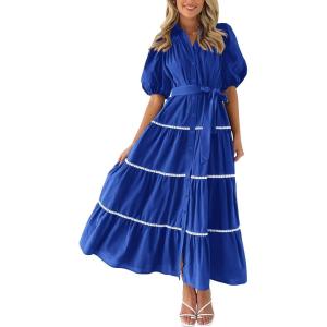 imagePRETTYGARDEN Womens Summer Button Down Shirt Dress Short Puffy Sleeve Tiered Ruffle Flowy Long Maxi DressesBlue