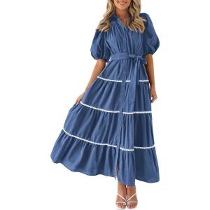 imagePRETTYGARDEN Womens Summer Button Down Shirt Dress Short Puffy Sleeve Tiered Ruffle Flowy Long Maxi DressesDark Blue
