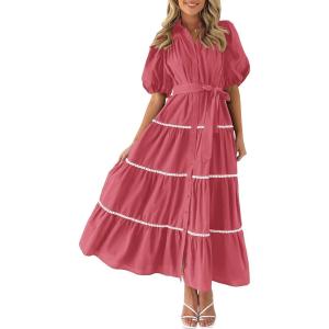 imagePRETTYGARDEN Womens Summer Button Down Shirt Dress Short Puffy Sleeve Tiered Ruffle Flowy Long Maxi DressesDusty Pink