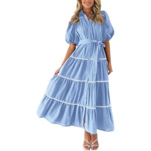 imagePRETTYGARDEN Womens Summer Button Down Shirt Dress Short Puffy Sleeve Tiered Ruffle Flowy Long Maxi DressesLight Blue