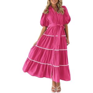 imagePRETTYGARDEN Womens Summer Button Down Shirt Dress Short Puffy Sleeve Tiered Ruffle Flowy Long Maxi DressesRose Red