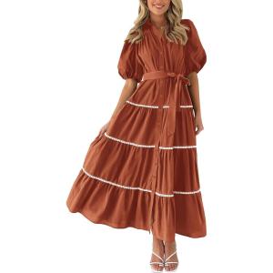 imagePRETTYGARDEN Womens Summer Button Down Shirt Dress Short Puffy Sleeve Tiered Ruffle Flowy Long Maxi DressesRust Red