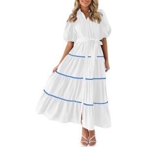 imagePRETTYGARDEN Womens Summer Button Down Shirt Dress Short Puffy Sleeve Tiered Ruffle Flowy Long Maxi DressesWhite Blue