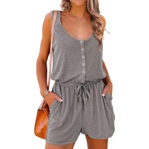 imagePRETTYGARDEN Womens Summer Casual Shorts Jumpsuit Plain Scoop Neck Button Down Sleeveless Tank Top Rompers With PocketsGrey