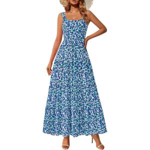 imagePRETTYGARDEN Womens Summer Floral Maxi Dress Sleeveless Smocked Ruffle Long Flowy Beach Vacation Boho SundressesBlue Floral