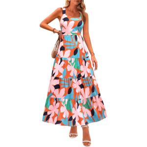 imagePRETTYGARDEN Womens Summer Floral Maxi Dress Sleeveless Smocked Ruffle Long Flowy Beach Vacation Boho SundressesFloral Orange Pink