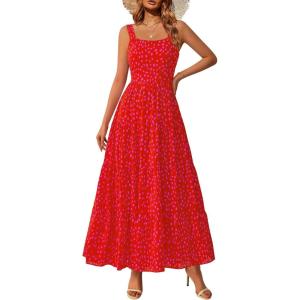 imagePRETTYGARDEN Womens Summer Floral Maxi Dress Sleeveless Smocked Ruffle Long Flowy Beach Vacation Boho SundressesRed Floral