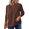 imagePRETTYGARDEN Women Long Sleeve Waffle Knit Shirts 2025 Fall Clothes Casual Button Up Henley V Neck Tunic Tops Loose Basic TeeBrown