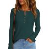 imagePRETTYGARDEN Women Long Sleeve Waffle Knit Shirts 2025 Fall Clothes Casual Button Up Henley V Neck Tunic Tops Loose Basic TeeDark Green