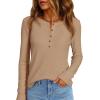 imagePRETTYGARDEN Women Long Sleeve Waffle Knit Shirts 2025 Fall Clothes Casual Button Up Henley V Neck Tunic Tops Loose Basic TeeKhaki