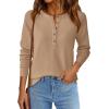 imagePRETTYGARDEN Women Long Sleeve Waffle Knit Shirts 2025 Fall Clothes Casual Button Up Henley V Neck Tunic Tops Loose Basic TeeKhaki
