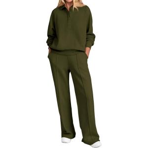 imagePRETTYGARDEN Women Fall 2 Piece Outfits Sweatsuits Quarter Button Long Sleeve Sweatshirt Wide Leg Pants Tracksuit Lounge SetsArmy Green