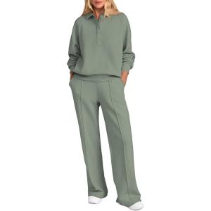 imagePRETTYGARDEN Women Fall 2 Piece Outfits Sweatsuits Quarter Button Long Sleeve Sweatshirt Wide Leg Pants Tracksuit Lounge SetsBean Green