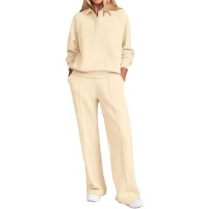 imagePRETTYGARDEN Women Fall 2 Piece Outfits Sweatsuits Quarter Button Long Sleeve Sweatshirt Wide Leg Pants Tracksuit Lounge SetsBeige