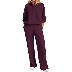 imagePRETTYGARDEN Women Fall 2 Piece Outfits Sweatsuits Quarter Button Long Sleeve Sweatshirt Wide Leg Pants Tracksuit Lounge SetsDark Wine Red