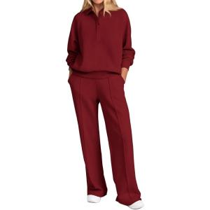 imagePRETTYGARDEN Women Fall 2 Piece Outfits Sweatsuits Quarter Button Long Sleeve Sweatshirt Wide Leg Pants Tracksuit Lounge SetsWine Red