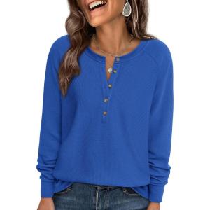 imagePRETTYGARDEN Women Long Sleeve Waffle Knit Shirts 2025 Fall Clothes Casual Button Up Henley V Neck Tunic Tops Loose Basic TeeBlue