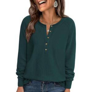 imagePRETTYGARDEN Women Long Sleeve Waffle Knit Shirts 2025 Fall Clothes Casual Button Up Henley V Neck Tunic Tops Loose Basic TeeDark Green