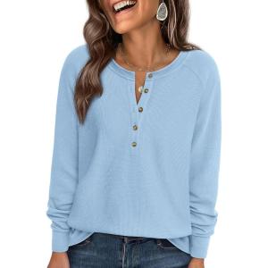 imagePRETTYGARDEN Women Long Sleeve Waffle Knit Shirts 2025 Fall Clothes Casual Button Up Henley V Neck Tunic Tops Loose Basic TeeLight Blue