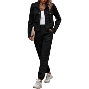 imagePRETTYGARDEN Womens Two Piece Sets Fall 2025 Long Sleeve Button Down Shacket Jacket Long Sweatpants Tracksuit Winter ClothesBlack