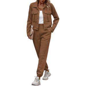 imagePRETTYGARDEN Womens Two Piece Sets Fall 2025 Long Sleeve Button Down Shacket Jacket Long Sweatpants Tracksuit Winter ClothesCamel
