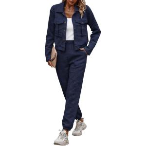 imagePRETTYGARDEN Womens Two Piece Sets Fall 2025 Long Sleeve Button Down Shacket Jacket Long Sweatpants Tracksuit Winter ClothesNavy