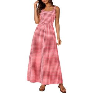 imagePRETTYGARDEN Womens 2025 Summer Spaghetti Strap Maxi Dresses Plaid Square Neck A Line Casual Beach Vacation Long SundressBrilliant Red
