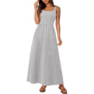 imagePRETTYGARDEN Womens 2025 Summer Spaghetti Strap Maxi Dresses Plaid Square Neck A Line Casual Beach Vacation Long SundressGrey