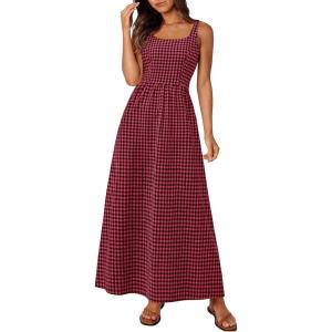 imagePRETTYGARDEN Womens 2025 Summer Spaghetti Strap Maxi Dresses Plaid Square Neck A Line Casual Beach Vacation Long SundressRed Black
