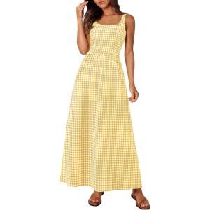 imagePRETTYGARDEN Womens 2025 Summer Spaghetti Strap Maxi Dresses Plaid Square Neck A Line Casual Beach Vacation Long SundressYellow