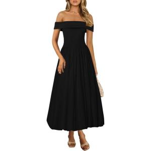 imagePRETTYGARDEN Womens Summer Off Shoulder Sleeveless Midi Dress Cocktail A Line Flowy Wedding Guest Dresses with PocketsBlack