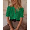 imagePRETTYGARDEN Womens 2025 Spring Lace Tops Short Puff Sleeve Casual Dressy Blouses Eyelet Crew Neck Button Down ShirtsDark Green