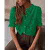 imagePRETTYGARDEN Womens 2025 Spring Lace Tops Short Puff Sleeve Casual Dressy Blouses Eyelet Crew Neck Button Down ShirtsDark Green