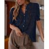 imagePRETTYGARDEN Womens 2025 Spring Lace Tops Short Puff Sleeve Casual Dressy Blouses Eyelet Crew Neck Button Down ShirtsNavy
