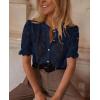 imagePRETTYGARDEN Womens 2025 Spring Lace Tops Short Puff Sleeve Casual Dressy Blouses Eyelet Crew Neck Button Down ShirtsNavy