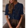 imagePRETTYGARDEN Womens 2025 Spring Lace Tops Short Puff Sleeve Casual Dressy Blouses Eyelet Crew Neck Button Down ShirtsNavy