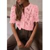 imagePRETTYGARDEN Womens 2025 Spring Lace Tops Short Puff Sleeve Casual Dressy Blouses Eyelet Crew Neck Button Down ShirtsPink